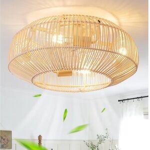 Boho Woven Rattan Ceiling Light Fixture with fan in Natural Beige